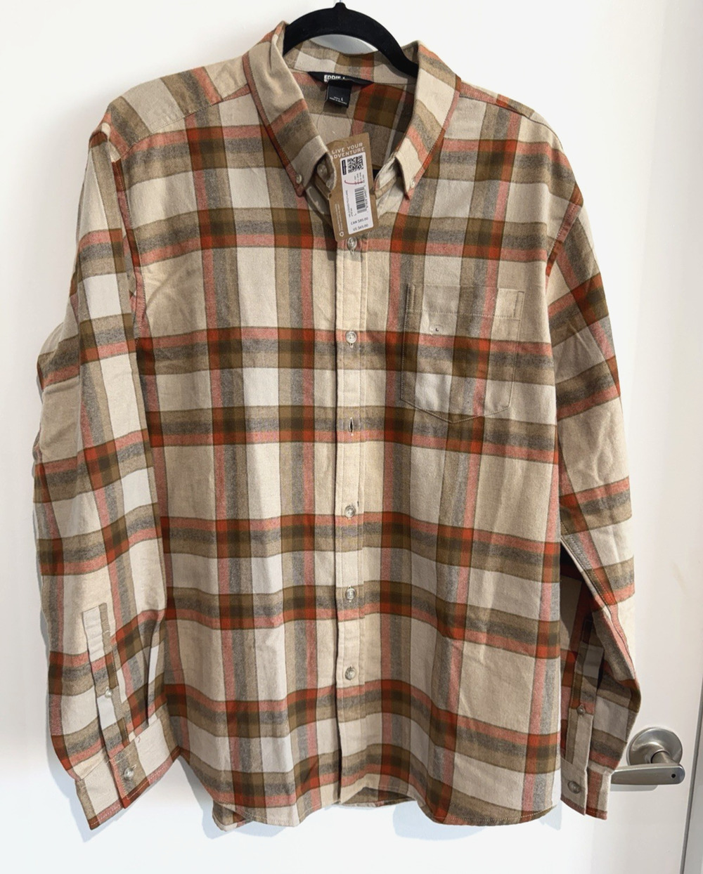 NWT Eddie Bauer Field Flannel Shirt Men's L Brown orange Plaid Button Up Outdoor